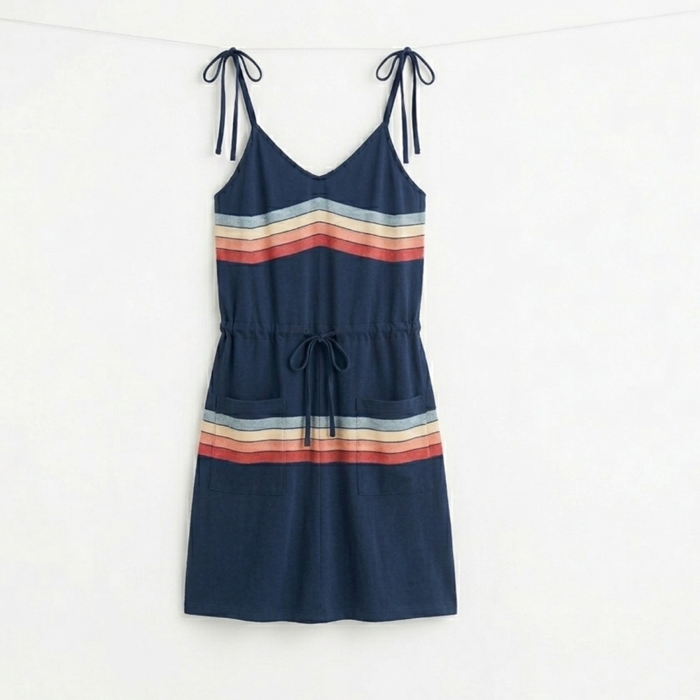 Etcyy Boho Coastal Summer Faded Navy Striped Midi Dress Med Tie Straps Pockets